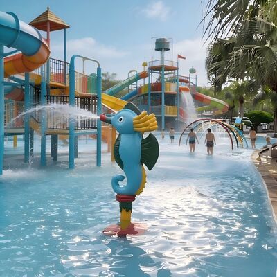 Funzionalità di gioco acquatico per bambini a tema cavalluccio marino per spruzzi commerciali e parco piscine del resort